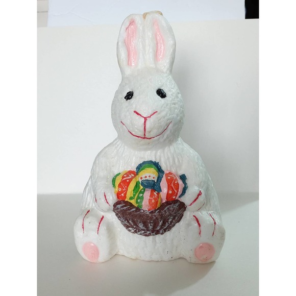 Vintage Creepy White Easter Bunny Rabbit Candle Basket & Easter Eggs Unused (b3) - Picture 1 of 7